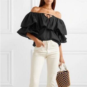 RHODE RESORT Blanca Tiered Off Shoulder Ruffle Top Cotton-Voile Neck Tie Black